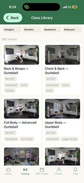The class library grid, with filters for length, equipment and body part.