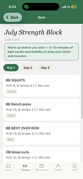 A gym day in the app, listing each exercise with its sets, reps, tempo and rest.