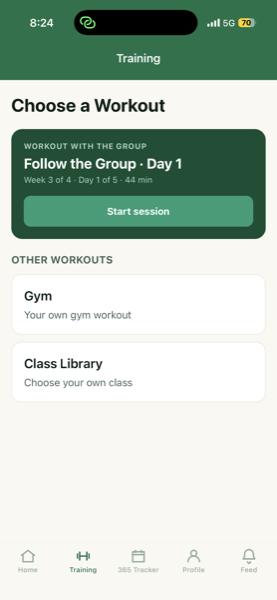The Choose a Workout screen, with Follow the Group and the other training options.